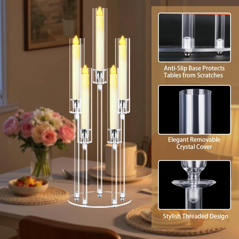 Cheloment 6 Sets 5 Arms Acrylic Candelabra Centerpieces for Tables, 27" Clear Candle Holder for Wedding Dinner Party and Home Decor,Candlesticks Holder with LED Candles - Image 2