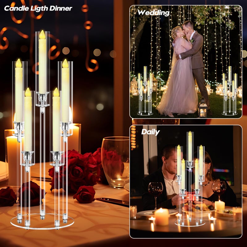 Cheloment 6 Sets 5 Arms Acrylic Candelabra Centerpieces for Tables, 27" Clear Candle Holder for Wedding Dinner Party and Home Decor,Candlesticks Holder with LED Candles - Image 4