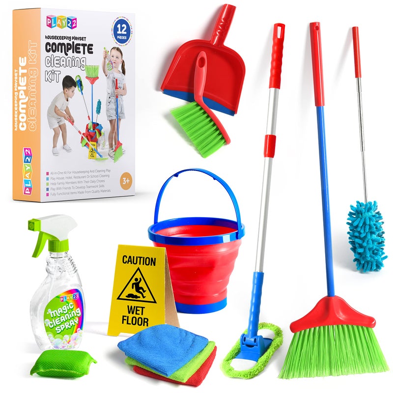 Play22 Kids Cleaning Set 12 Piece - Toy Cleaning Set Includes Broom, Mop, Brush, Dust Pan, Duster, Sponge, Clothes, Spray, Bucket, Caution Sign, - Toy Kitchen Toddler Cleaning Set - Original - Image 1