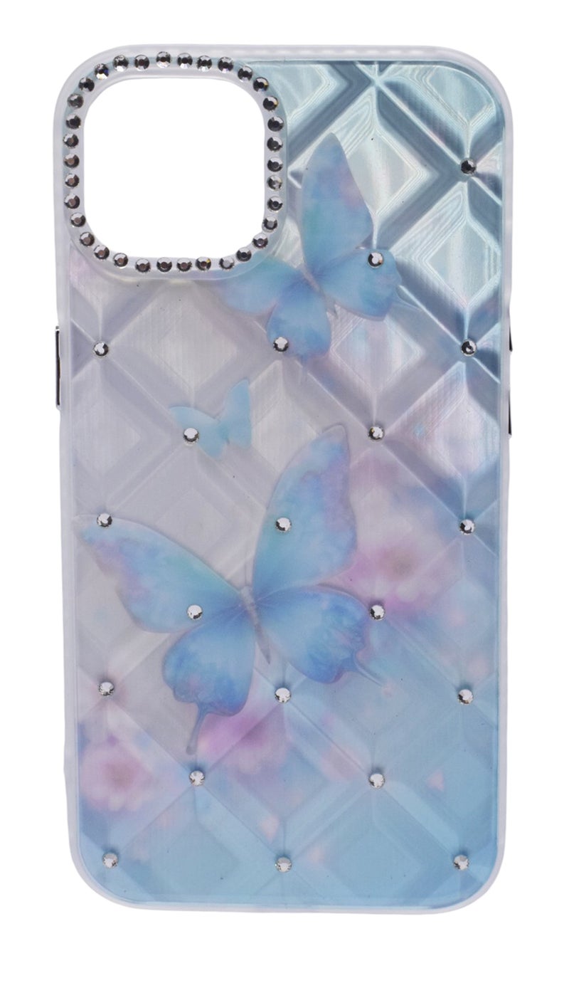 TPU Butterflies Printed Back Cover Case with Rhinestone Camera Border For iPhone 13 - Light Blue Transparent