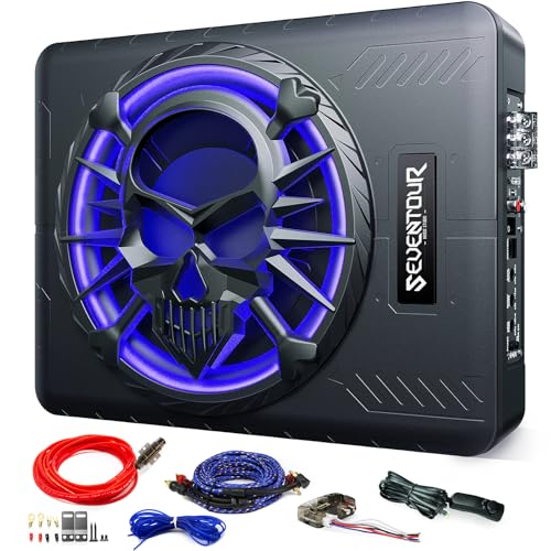 Seventour 10" 1200W Slim Under Seat Powered Car Subwoofer, Car/Truck Audio Sub Built in Amplifier amp Combo, with LED Ambient Light (Subwoofer + Mounting Wire Kit) - Image 1