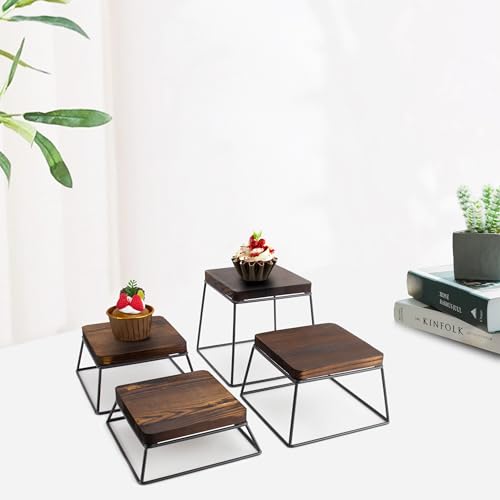 YFEEN Dessert Table Risers Display Stands Food display Wood & Black Metal Square Retail Pizza,Cupcake,Candy Stands Food Platter Tray,6x6 INCH,Set of 4 (4P-Black) - Image 4