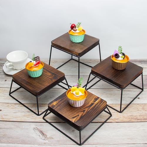 YFEEN Dessert Table Risers Display Stands Food display Wood & Black Metal Square Retail Pizza,Cupcake,Candy Stands Food Platter Tray,6x6 INCH,Set of 4 (4P-Black) - Image 3