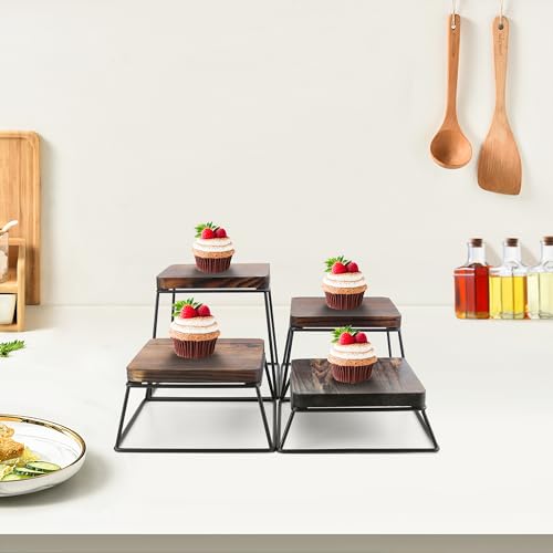 YFEEN Dessert Table Risers Display Stands Food display Wood & Black Metal Square Retail Pizza,Cupcake,Candy Stands Food Platter Tray,6x6 INCH,Set of 4 (4P-Black) - Image 5