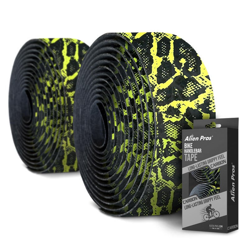 ALIEN PROS Bike Handlebar Tape Carbon Fiber (Set of 2) Black Yellow - Enhance your bike Grip with These bicycle handle bar tape - Wrap your bike for an awesome comfortable ride - Image 1
