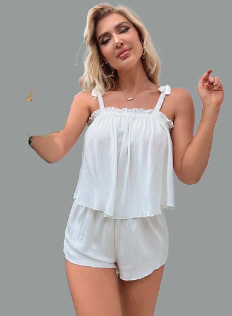 MANIKAN Women's Pajama Set with Thin Straps Ruffle Detail at the Chest and Hot Shorts  - Image 2