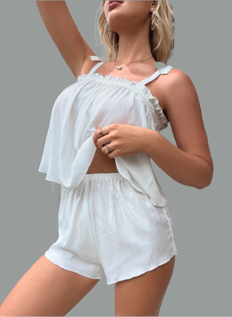MANIKAN Women's Pajama Set with Thin Straps Ruffle Detail at the Chest and Hot Shorts  - Image 4