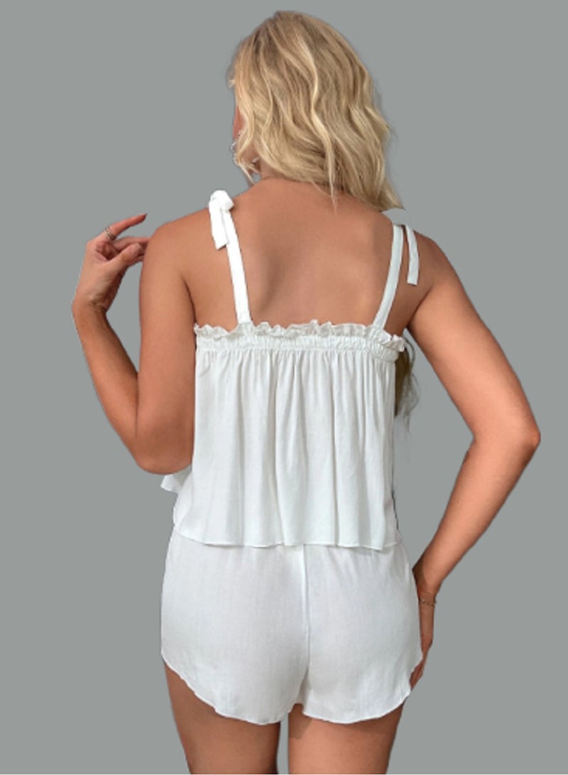 MANIKAN Women's Pajama Set with Thin Straps Ruffle Detail at the Chest and Hot Shorts  - Image 5
