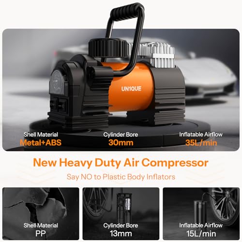 UN1QUE Heavy Duty Tyre Inflator for Car, 150PSI 12V DC Double Cylinders Tyre Air Pump with Digital Pressure Gauge, LED Light, Portable Air Compressor for Motorcycles, Bike, Ball - Image 5