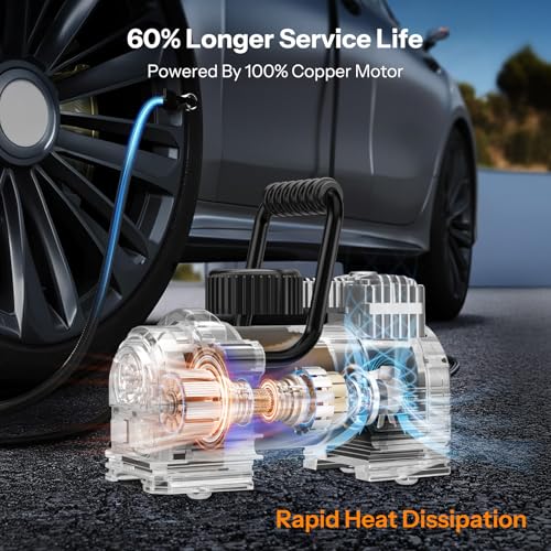 UN1QUE Heavy Duty Tyre Inflator for Car, 150PSI 12V DC Double Cylinders Tyre Air Pump with Digital Pressure Gauge, LED Light, Portable Air Compressor for Motorcycles, Bike, Ball - Image 3