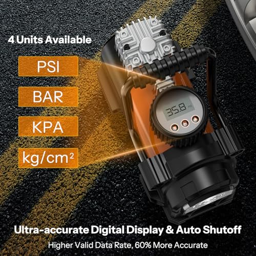 UN1QUE Heavy Duty Tyre Inflator for Car, 150PSI 12V DC Double Cylinders Tyre Air Pump with Digital Pressure Gauge, LED Light, Portable Air Compressor for Motorcycles, Bike, Ball - Image 4