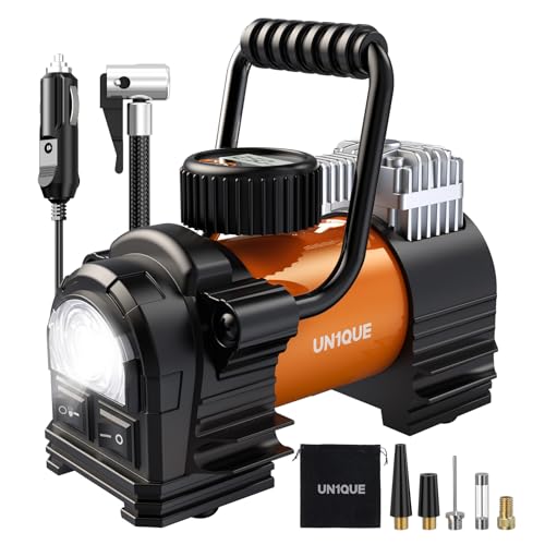 UN1QUE Heavy Duty Tyre Inflator for Car, 150PSI 12V DC Double Cylinders Tyre Air Pump with Digital Pressure Gauge, LED Light, Portable Air Compressor for Motorcycles, Bike, Ball - Image 1
