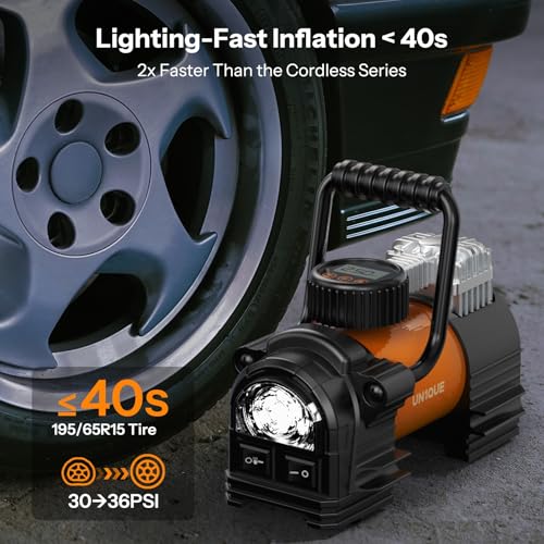 UN1QUE Heavy Duty Tyre Inflator for Car, 150PSI 12V DC Double Cylinders Tyre Air Pump with Digital Pressure Gauge, LED Light, Portable Air Compressor for Motorcycles, Bike, Ball - Image 2