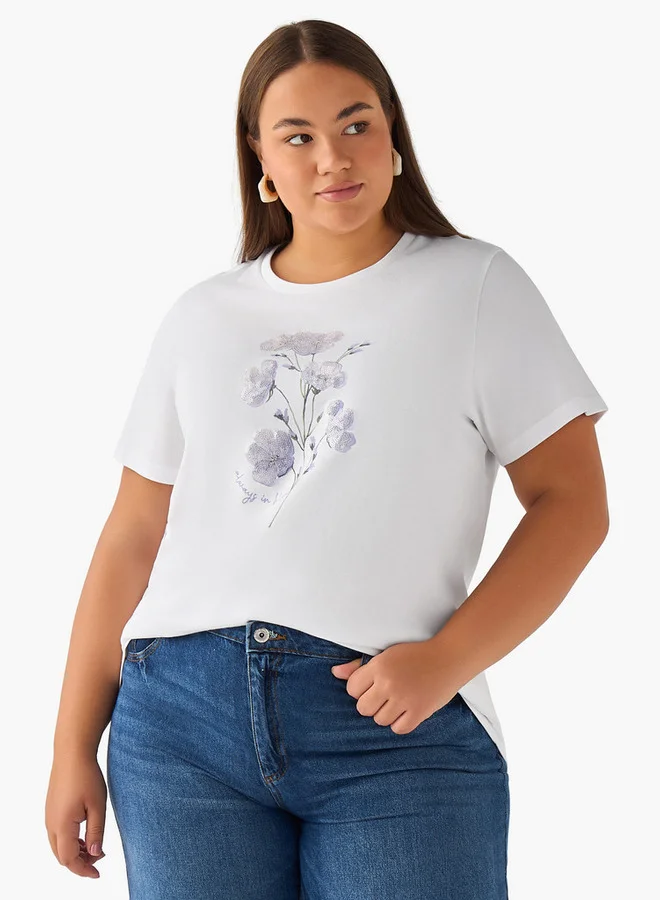 Ulla Popken Ulla Popken Cotton T-shirt with Floral Sequins