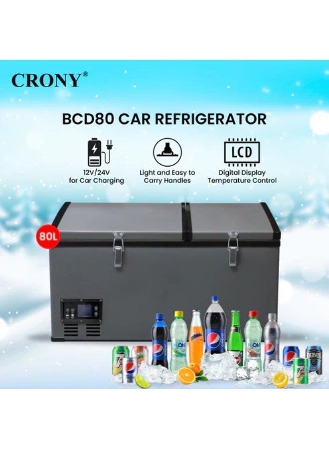 Crony BCD80 80L portable vehicle refrigerator/freezer features an LCD temperature control, a double-door design, and is suitable for RVs, trucks, and outdoor use. Temperature range: -20 to 10 degrees Celsius. - Image 1