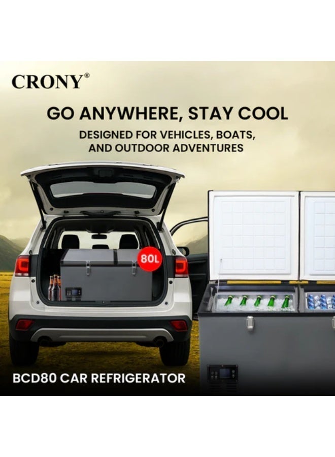Crony BCD80 80L portable vehicle refrigerator/freezer features an LCD temperature control, a double-door design, and is suitable for RVs, trucks, and outdoor use. Temperature range: -20 to 10 degrees Celsius. - Image 2