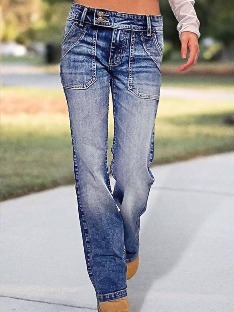 Flamingals Wide Leg Jeans for Women Low Rise Baggy Stretchy Straight Leg Bootcut Denim Pants Blue M - Image 2