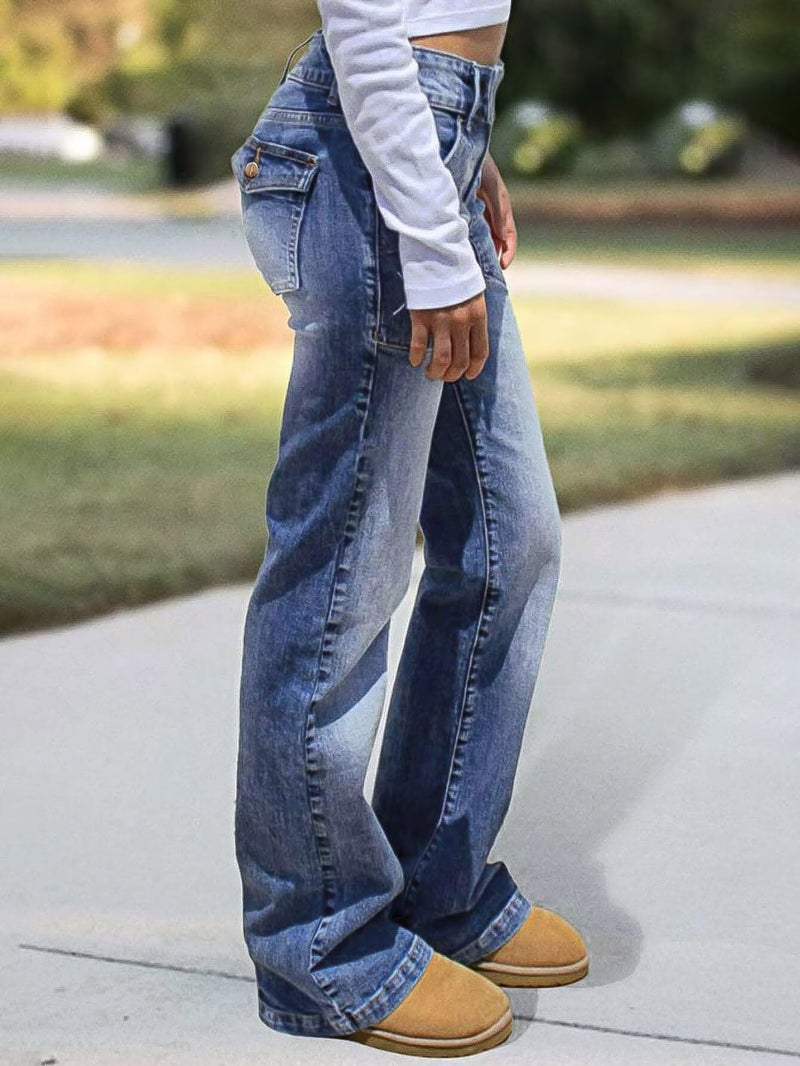 Flamingals Wide Leg Jeans for Women Low Rise Baggy Stretchy Straight Leg Bootcut Denim Pants Blue M - Image 3