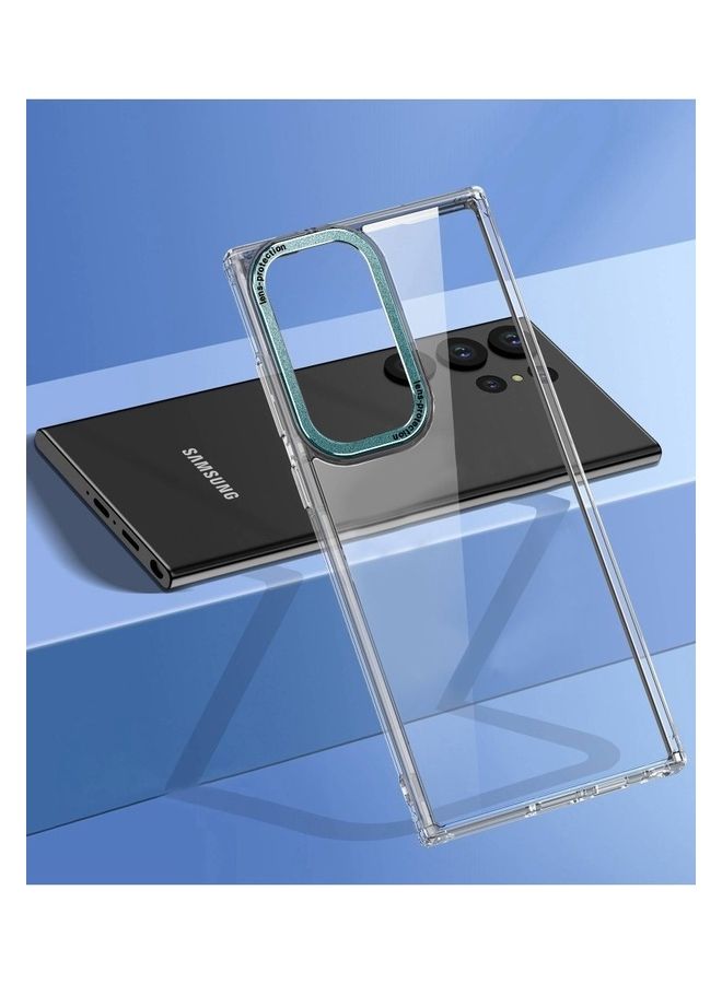 vesus Samsung Galaxy S23 Ultra Clear Case Shockproof Slim Anti-Yellow Hybid Hard PC+ TPU Cover Metal Camera Lens Frame Clear/Green