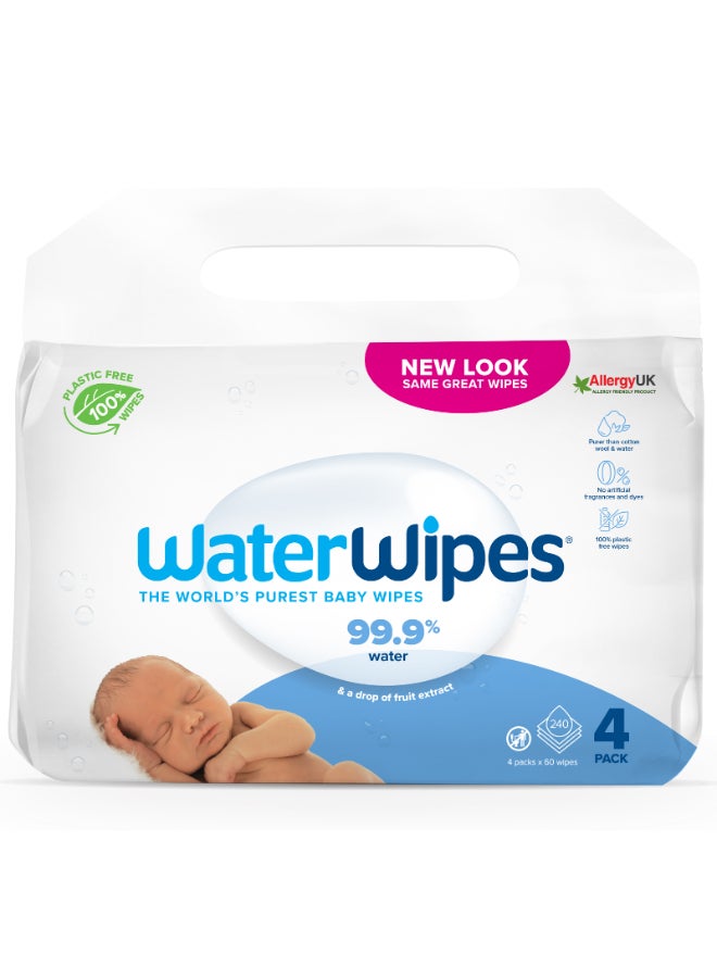 WaterWipes Original Plastic Free Baby Wipes, 240 Wet Wipes, 99.9% Water Based And Unscented For Sensitive Skin Pack of 4 - Image 1