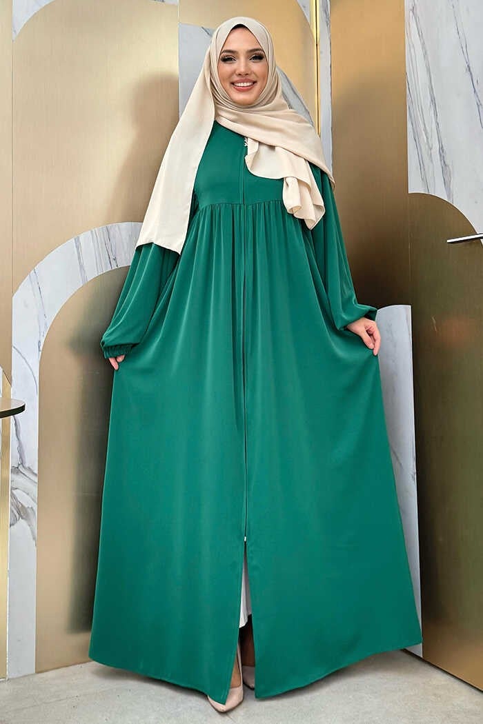 Bym Fashion Sleeve Gather Detail Zippered Casual Abaya Bym6 Emerald  - Image 1