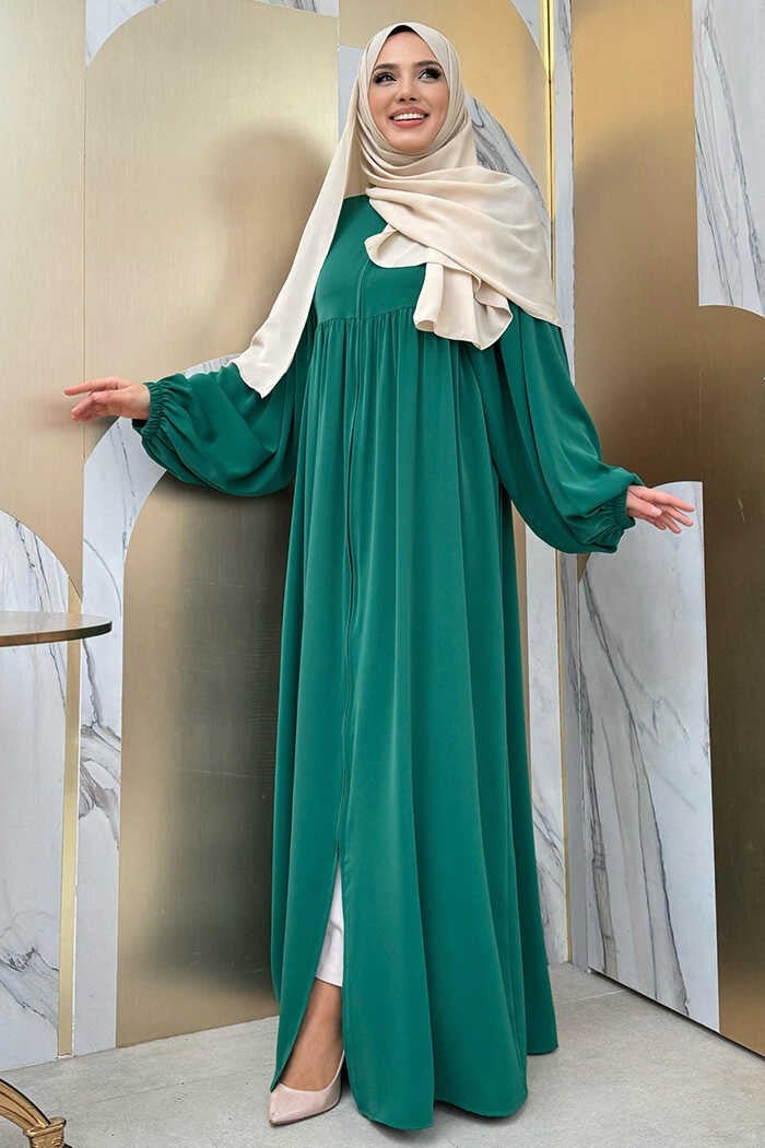 Bym Fashion Sleeve Gather Detail Zippered Casual Abaya Bym6 Emerald  - Image 3