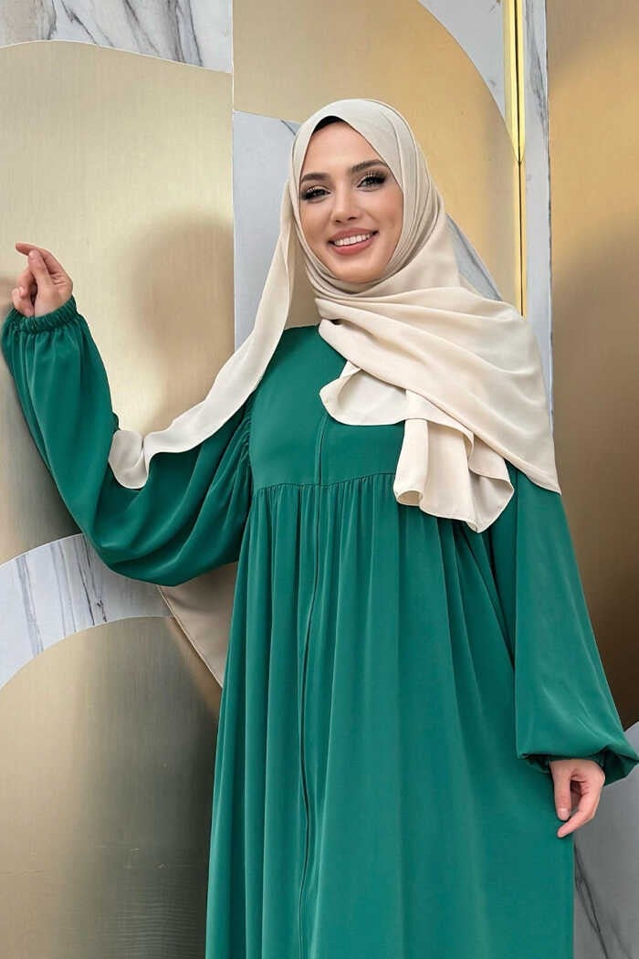Bym Fashion Sleeve Gather Detail Zippered Casual Abaya Bym6 Emerald  - Image 4