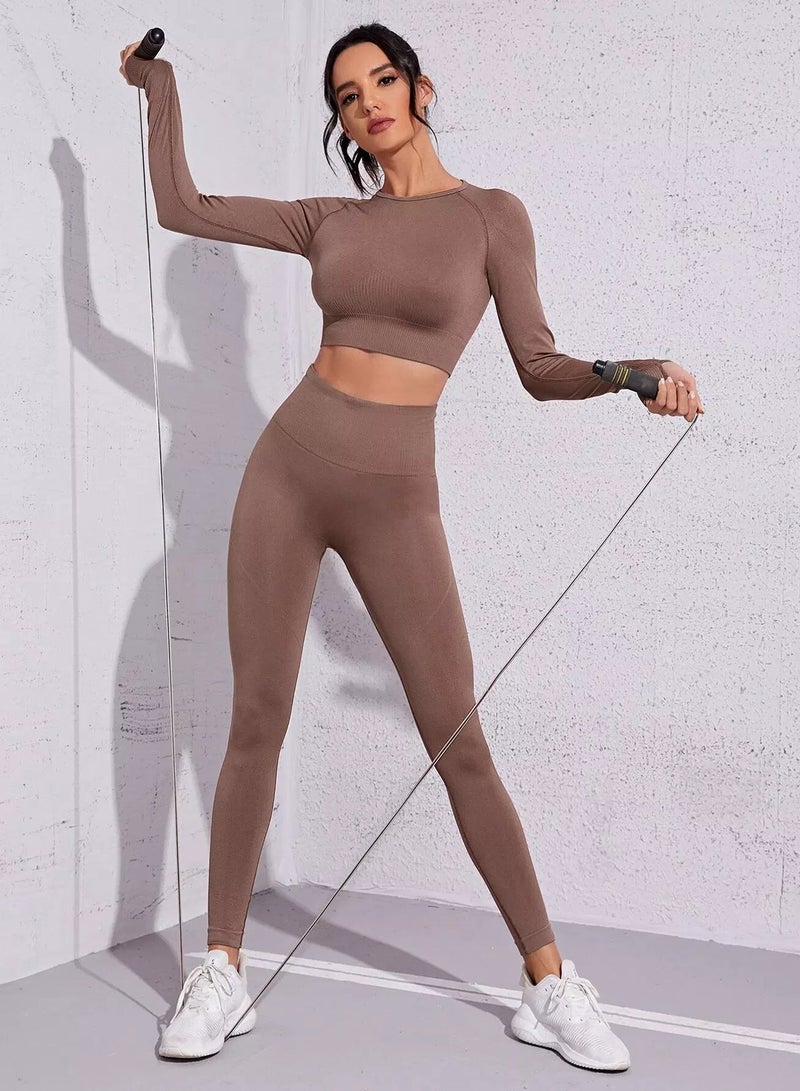 Seamless Raglan Sleeve Crop Sports Tee With Leggings  - Image 1