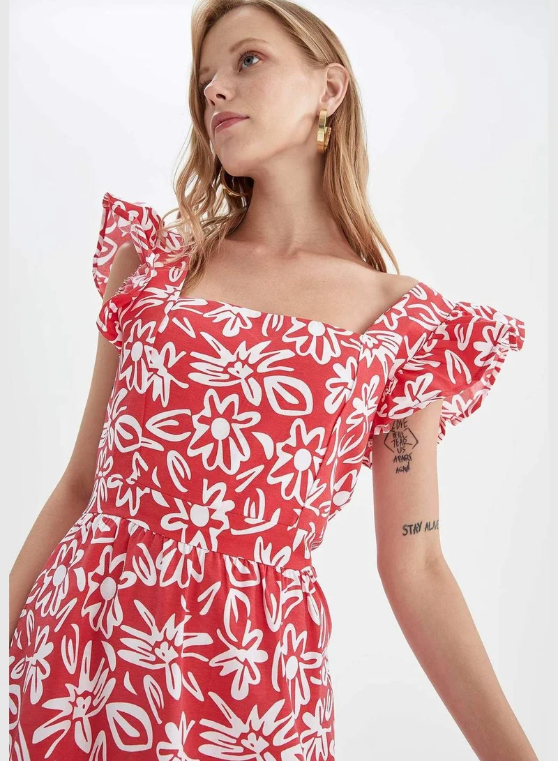 ديفاكتو Woman Tiered Square Neck Short Sleeve Woven Dress