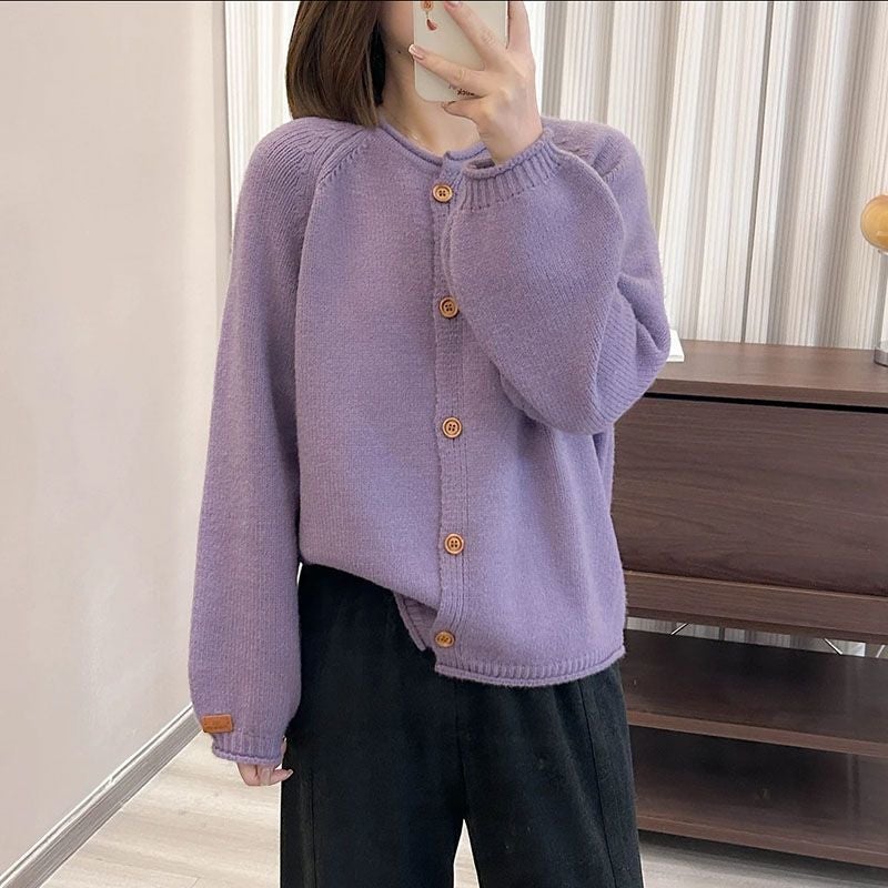 Knitted Cardigan New Lazy Style Loose Outer Wear Round Neck Top Sweater Coat Curled Solid Color Short - Image 2