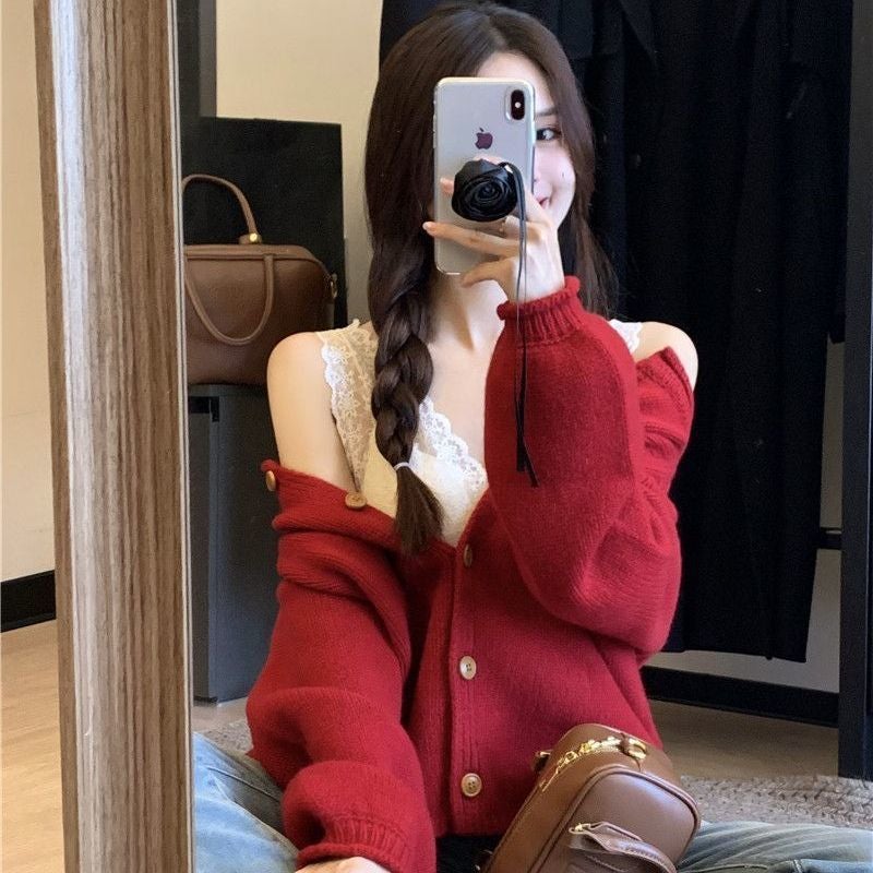 Knitted Cardigan New Lazy Style Loose Outer Wear Round Neck Top Sweater Coat Curled Solid Color Short - Image 1
