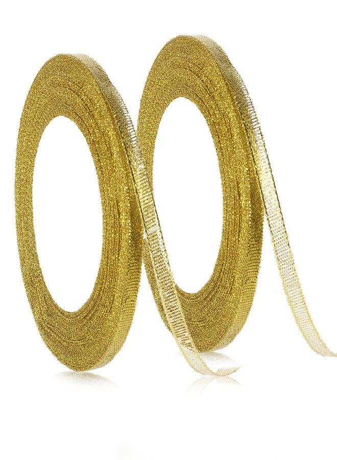 Aysatogc 2PCS Gold Ribbon, 48 Yards Gold Ribbon for Gift Wrapping Glitter Wedding Bouquet Crafts Double Faced Satin Fabric Ribbons Thin for Christmas Birthday Party Decoration DIY Crafts Bouquet - Image 1