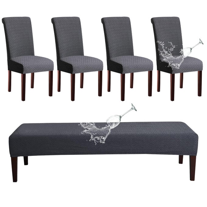 WATERPROOF DINING ROOM CHAIR COVER SET JACQUARD CHAIR SLIPCOVER WASHABLE PARSONS CHAIR SLIPCOVER REMOVABLE SEAT PROTECTOR FOR DINING ROOM HOTEL RESTAURANT 4 PCS CHAIR COVER1 PC BENCH COVER
