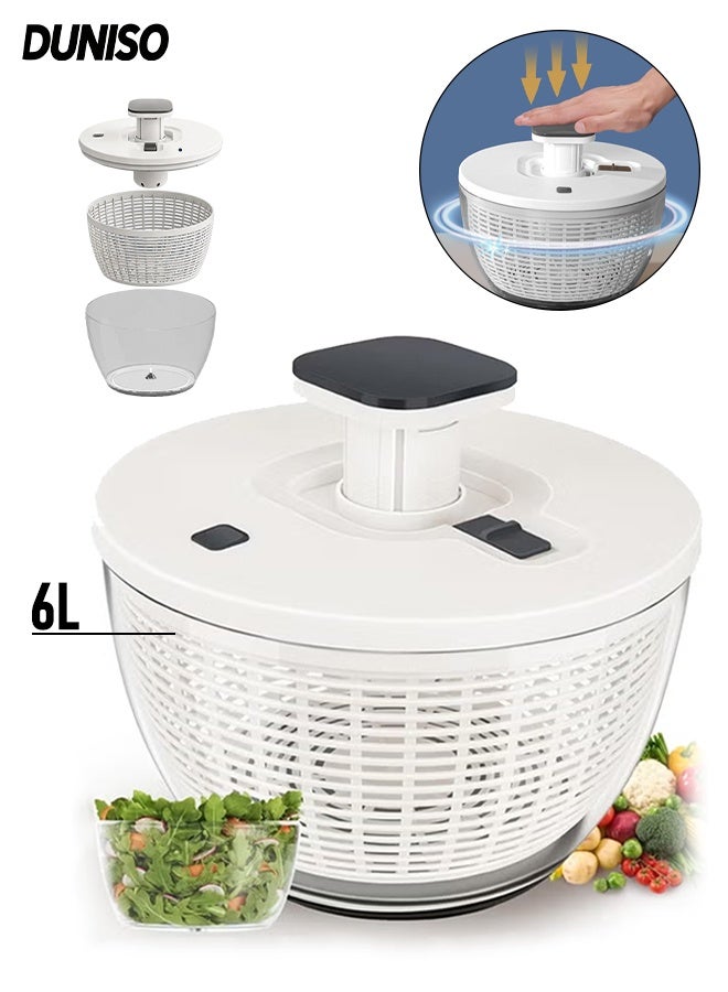 DUNISO 6L Salad Spinner,Multi-functional Salad Fruit Spinner，Vegetable Dryer Salad Mixer with Retractable Pusher and Brake Button,Non Slip Base ,Easy Operation, for Home Kitchen - Image 1