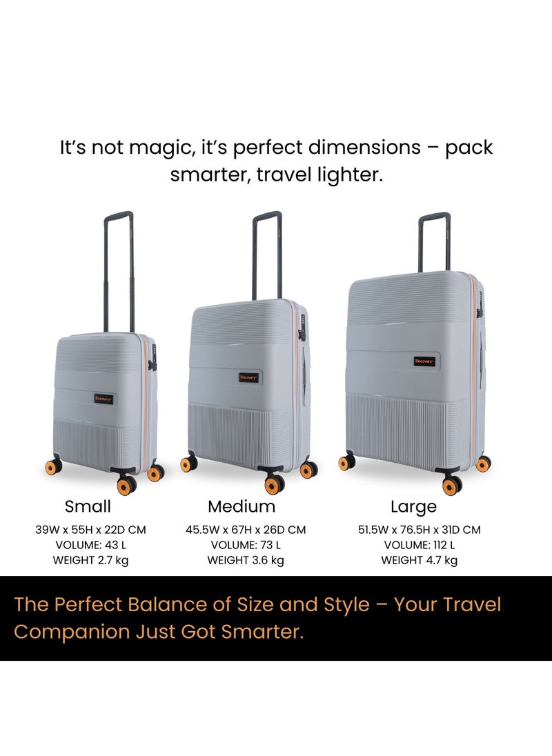 Discovery Trails PP Hardside Luggage Set Silver, Durable Expandable Unbreakable Double Zip Lightweight Travel Bag 4 Double Wheel TSA Lock 3pcs Suitcase Trolley Bag (21+26+30 Inch). - pzsku/Z2CCA04082AF523DD0510Z/45/1741332358/c1667119-32df-4647-8ea7-38ec3fdbd3a0