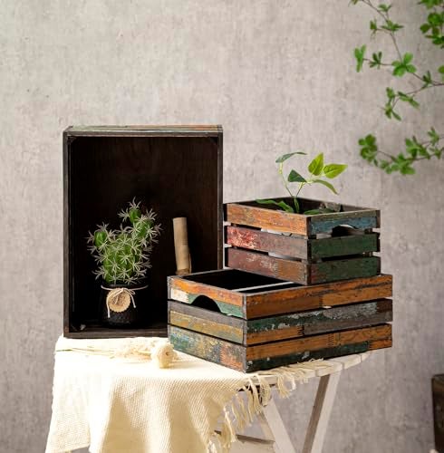 TIMRIS Set of 3 Rustic Distressed Wood Nesting Crates, Farmhouse Decorative Wooden Storage Boxes, Large Vintage Reclaimed Wood Baskets for Display (Random) - Image 5