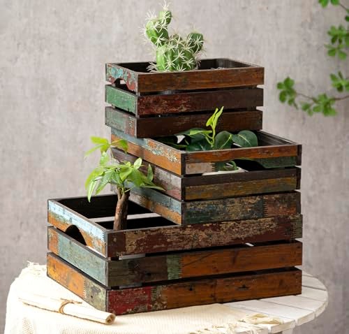 TIMRIS Set of 3 Rustic Distressed Wood Nesting Crates, Farmhouse Decorative Wooden Storage Boxes, Large Vintage Reclaimed Wood Baskets for Display (Random) - Image 1