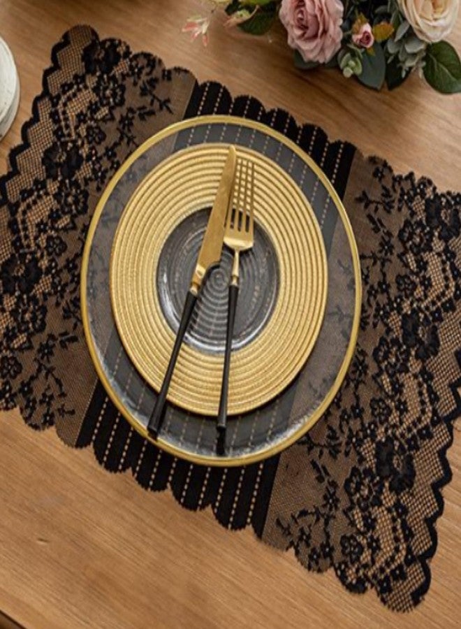 Wonesifee Lace Placemats Set of 2 Dinning Table Lace Place Mats with Striped and Floral Design, Vintage Lunchmat Doilies, Hollow Vase Mat for Home Kitchen Decoration Rustic Boho Cloth Romantic Wedding(Black) - Image 2