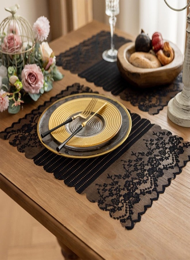 Wonesifee Lace Placemats Set of 2 Dinning Table Lace Place Mats with Striped and Floral Design, Vintage Lunchmat Doilies, Hollow Vase Mat for Home Kitchen Decoration Rustic Boho Cloth Romantic Wedding(Black) - Image 1