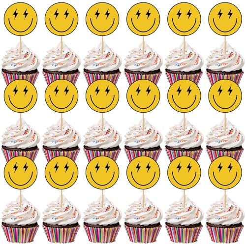 Seajan 48 Pcs One Happy Dude Birthday Cupcake Toppers Smile Face 1st Cake Topper Hippie First Birthday Decoration Mini Cake Picks for Anniversary Shower Party Favors Supplies - Image 1