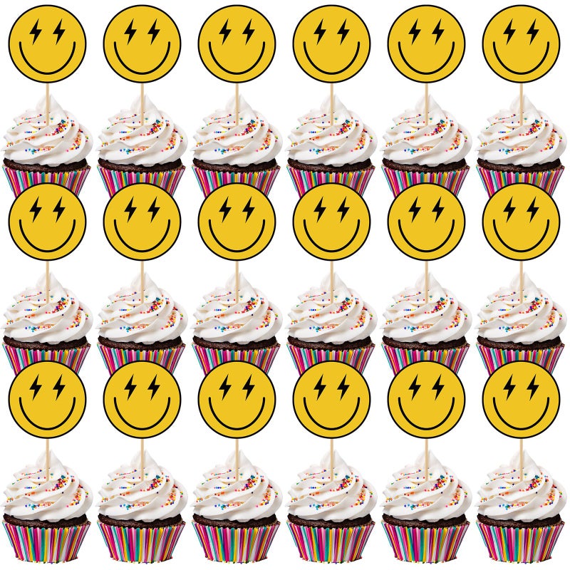 Seajan 48 Pcs One Happy Dude Birthday Cupcake Toppers Smile Face 1st Cake Topper Hippie First Birthday Decoration Mini Cake Picks for Anniversary Shower Party Favors Supplies - Image 2