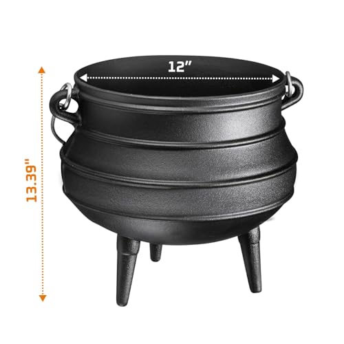 Bruntmor 12 Quart Cast Iron Dutch Oven Cauldron Pot - Camping Cookware with Lid - Pre-Seasoned Heavy-Duty Potjie for Stews, Soups, Braising, and Frying Over Fire Pit Grill or Camp Stove - Black - Image 4