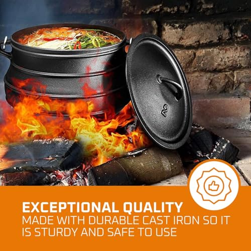 Bruntmor 12 Quart Cast Iron Dutch Oven Cauldron Pot - Camping Cookware with Lid - Pre-Seasoned Heavy-Duty Potjie for Stews, Soups, Braising, and Frying Over Fire Pit Grill or Camp Stove - Black - Image 2