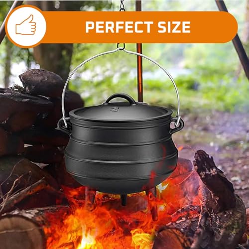 Bruntmor 12 Quart Cast Iron Dutch Oven Cauldron Pot - Camping Cookware with Lid - Pre-Seasoned Heavy-Duty Potjie for Stews, Soups, Braising, and Frying Over Fire Pit Grill or Camp Stove - Black - Image 3