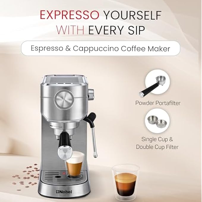 Nobel 1 Litrr Detachable Transparent Water Tank Coffee Machine With 15Bar Professional Pressure Espresso Automatic Dispenses With Cappuccino High Pressure Ncm15 Silver 1 Year Warranty - Image 4