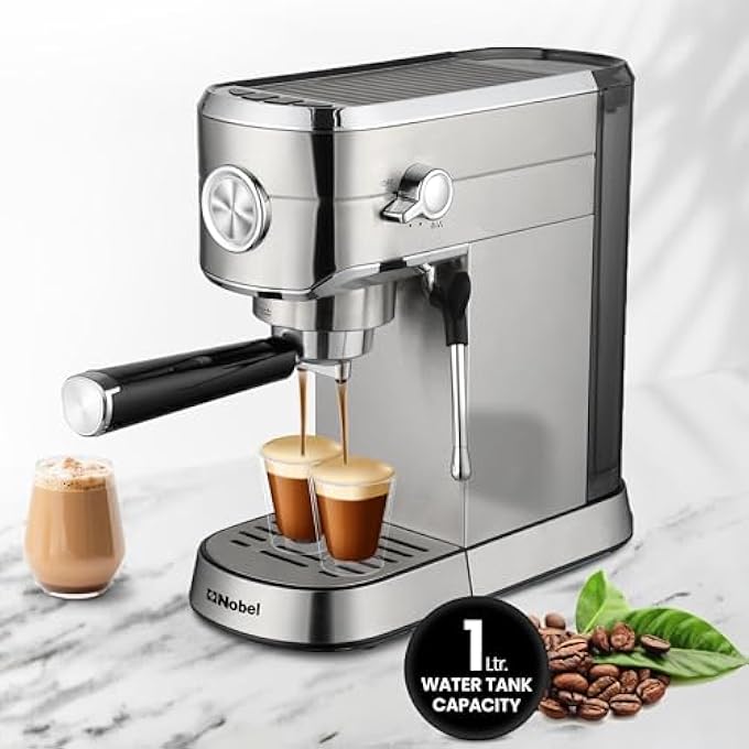 Nobel 1 Litrr Detachable Transparent Water Tank Coffee Machine With 15Bar Professional Pressure Espresso Automatic Dispenses With Cappuccino High Pressure Ncm15 Silver 1 Year Warranty - Image 3