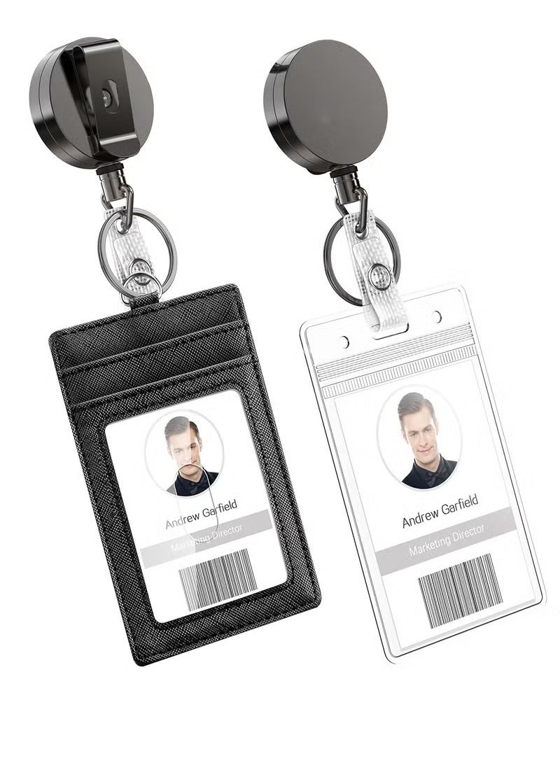 phomemo 2pcs Heavy Duty Vertical ID Card Holder ,Metal Retractable Badge Holder, Reel with Belt Clip Key Ring, Waterproof Clear and PU Leather Badge Holder  - Image 1