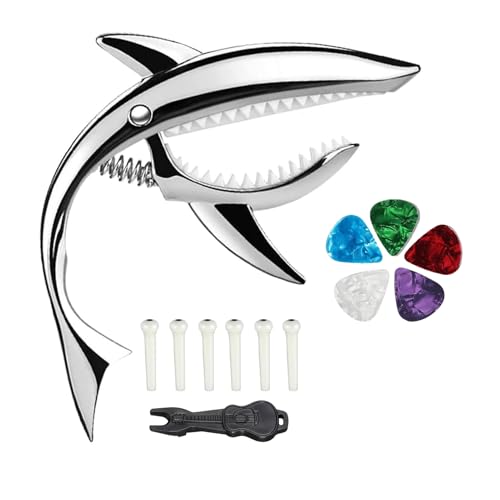 JINWEE Shark Guitar Capo for Electric Acoustic Classical Guitar with 6 Pcs Bridge Pins & Bridge Pin Puller Remover, Guitar Replacement Parts and Accessories Set(silver) - Image 1