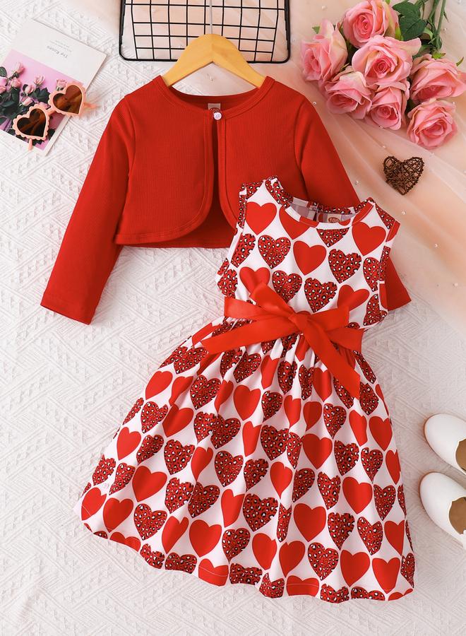 Take Two Girls Red Heart Print Dress And Jacket Set - Image 1