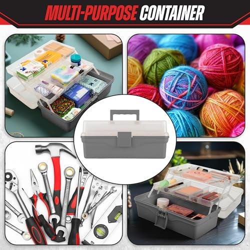 Stalwart - 14” Plastic Tackle Box Organizer - 3-Layer Portable Sewing Box, Art Caddy, Craft Storage, First Aid Medicine Utility Toolbox or Hair Accessories Organizer with Latch and Handle (Gray) - Image 2